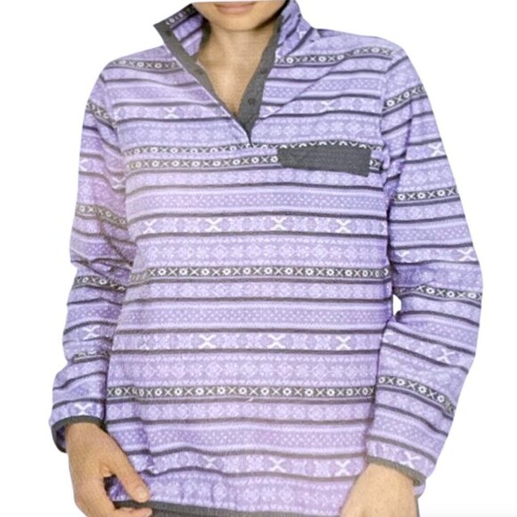 JACHS CABIN Collection Fleece Pullover Purple Gray White Fair Isle Nordic Snap S - Picture 1 of 14